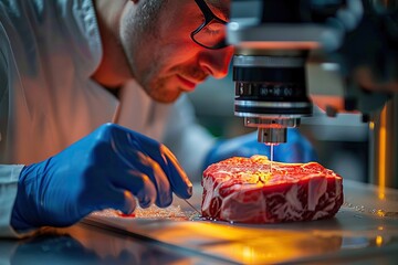 Labgrown meat texture analysis, cellular agriculture quality control, clinical setting light, detailed inspection , blue sci-fi tone,