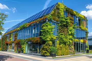 Modern sustainable building with solar panels and vertical garden with climbing plants