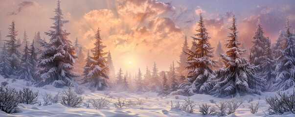 The silent beauty of a snowy pine forest at sunset its calm mirrored in the vibrant colors of the sky