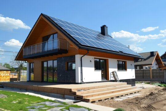 New suburban house with a photovoltaic system on the roof. Modern eco friendly passive house with solar panels