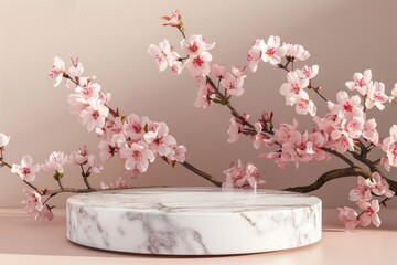 Round marble stone podium platform stand for product presentation and spring flowering Sakura branch