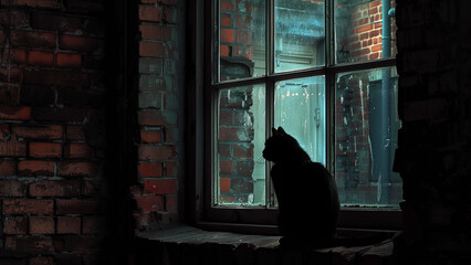 Feline Frame: Cat Silhouette in the Old Town Street