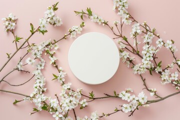 Obraz na płótnie Canvas Round marble stone podium platform stand for product presentation and spring flowering Sakura branch