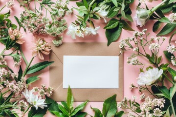 Blank white paper card and brown envelope in middle of beautiful spring flowers