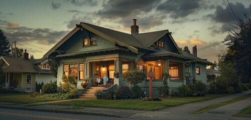 Evening's soft light fading over a sea green Craftsman style house, suburban street calming, families settling in, calm and peaceful atmosphere - obrazy, fototapety, plakaty