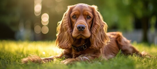 A Liver Fawn Cocker Spaniel, a dog breed in the Sporting Group, is lying in the grass, its snout raised as it looks at the camera, a perfect image of a carnivore companion dog in a natural landscape - obrazy, fototapety, plakaty