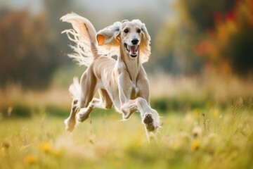 full body Arabian Saluki dog run nature park bokeh background