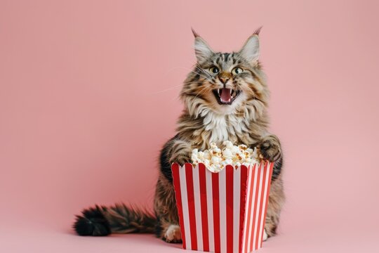 Happy cat with popcorn in red and white striped cardboard bucket on solid color background