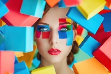 Portrait of beautiful young futuristic woman with colorful blocks