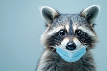 raccoon with bulging big eyes in medicine mask over blue bright background