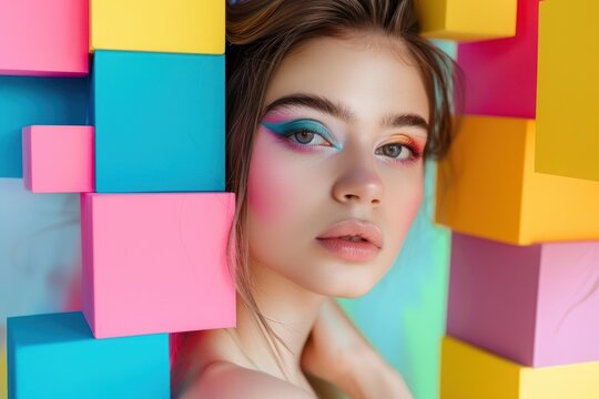 Portrait of beautiful young futuristic woman with colorful blocks