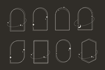 Modern minimalist aesthetic line elements, trendy linear frames with stars, geometric forms. Arch frame with sparkles for social media or poster design, simple decorative boho style border vector set