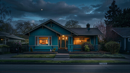 Nightfall in the suburbs, a deep teal Craftsman style house stands out against the quiet, darkened street, lit by the soft lunar glow, silent and restful - obrazy, fototapety, plakaty