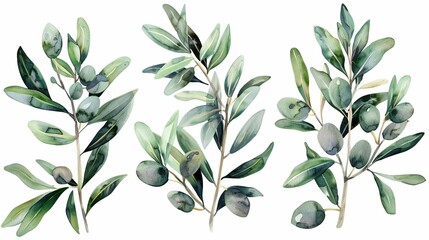 Delicate watercolor illustration set featuring olive branches, ideal for invitations and decor - obrazy, fototapety, plakaty
