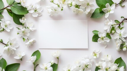 Delicate white flowers arranged on blank card, organic floral invitation template, top view - obrazy, fototapety, plakaty