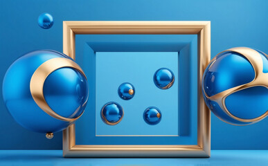 3D abstract flying spheres with frame on blue background, luxury design. trendy. high quality photo