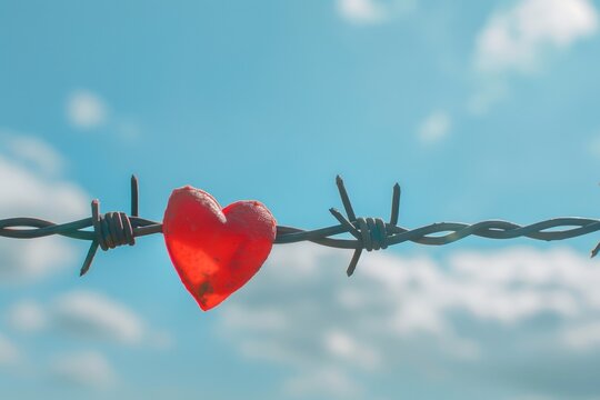 Red heart in the barbed wire. Conceptual image of love