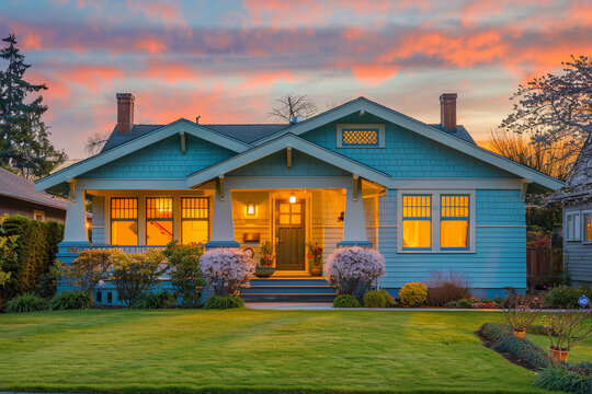 Soft evening hues reflecting off a light blue Craftsman style house, suburban routine slowing as the sky turns shades of pink and orange, peaceful end to a busy day