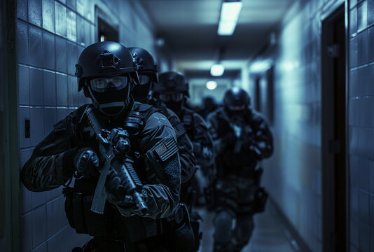 Police SWAT team in a residential hallway