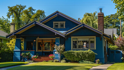 The bright light of noon casting clear shadows around an indigo Craftsman style house, suburban scene alive with midday energy, vibrant and bustling - obrazy, fototapety, plakaty