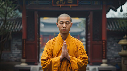 Buddhist Monk Praying in a Temple - obrazy, fototapety, plakaty