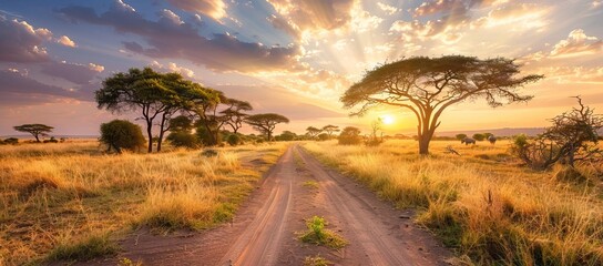 Beautiful landscape with tree in Africa. AI generated illustration - obrazy, fototapety, plakaty