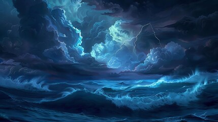 Dramatic Night Sea Landscape with Storm and Giant Waves, Dark Cloudy Sky with Lightning, AI Generated Artwork - obrazy, fototapety, plakaty