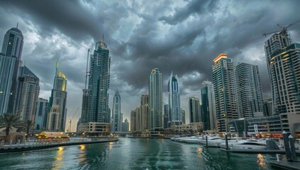 Dubai Marina with high rise buildings and boats in the background A cloudy sky with yellow light from building lights during the evening Generative AI