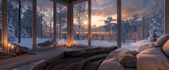 A cozy bedroom with large windows overlooking the snowy landscape, creating an atmosphere of warmth and comfort during winter