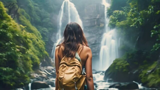 A woman stands looking at a waterfall amidst a quiet forest and towering mountains. Beautiful woman in hiking clothes with backpack Surrounded by the beauty of nature
