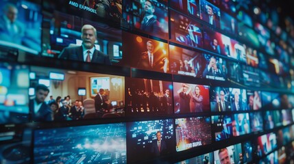 Dynamic collage of multiple broadcast screens displaying various TV programs and news channels, creating a vibrant and engaging visual experience