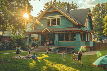 The high sun of the afternoon emphasizing the architectural details of a teal Craftsman style house in a bustling suburban setting, kids playing in the yard, epitome of summer - obrazy, fototapety, plakaty