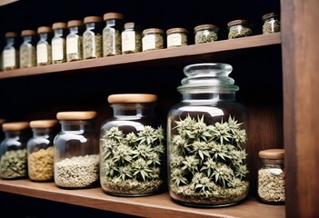 Jar filled with dried cannabis on a shelf with other medicinal herbs
