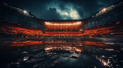 atmospheric image of an empty stadium at night, with lights reflecting off the wet ground, creating...
