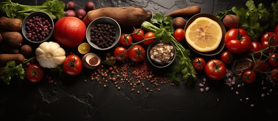 Fresh organic vegetables and spices on black background. Healthy food concept.