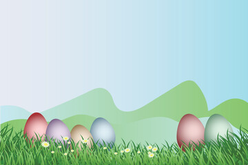 Easter eggs in grass on a sunny day background illustration