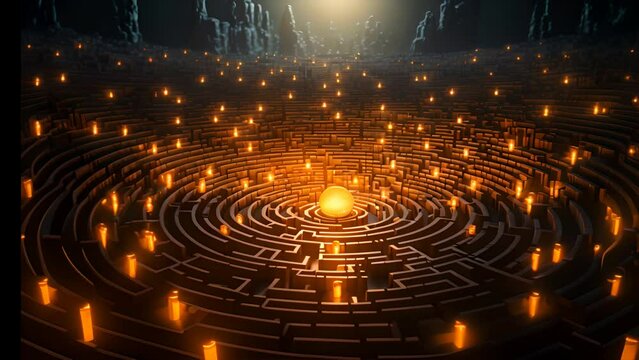 A conceptual image of a complex maze with golden edges and a central glowing sphere, symbolising challenge and solution.