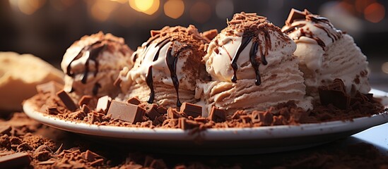Plate with delicious ice cream and chocolate on table, closeup - obrazy, fototapety, plakaty