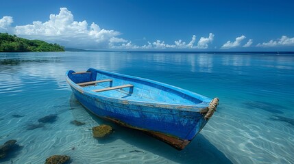 Naklejka na ściany i meble Blue Wooden Boat Sailing on Pristine Waters