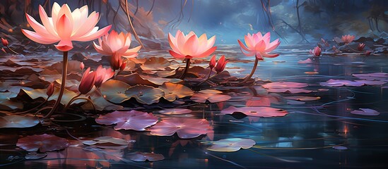 White lotus flowers on the water in the lake.