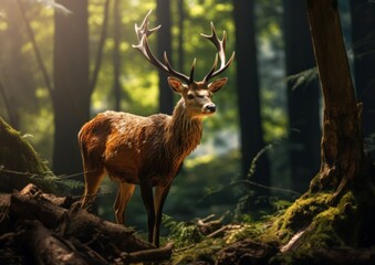 Naklejka na ściany i meble Beautiful deer in the forest, natural background 