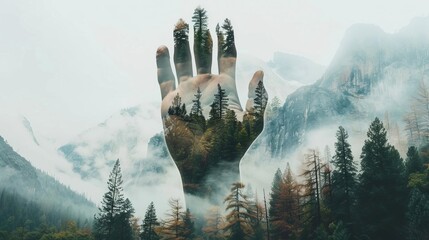 Evocative silhouette of hand merged with majestic forest mountain landscape, abstract conceptual design - obrazy, fototapety, plakaty