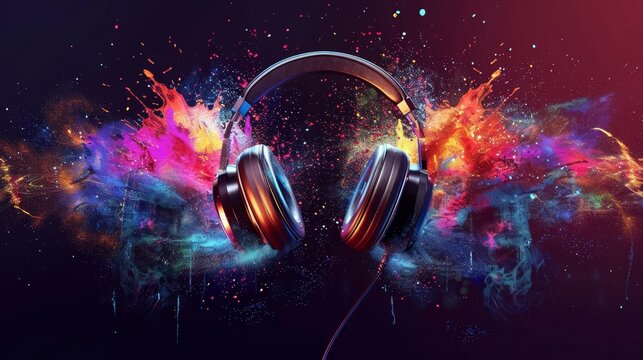 Explosive festive headphones with colorful splash and vibrant light effects, energetic music pulse and beats, party poster design, digital art