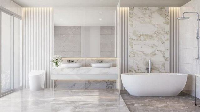 Animation of modern style luxury white bathroom with marble stone 3d render large window natural light into the room