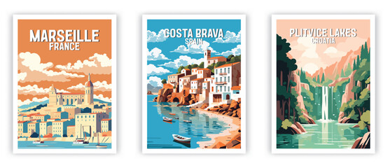 Marseille, Costa Brava, Plitvice Lakes Illustration Art. Travel Poster Wall Art. Minimalist Vector art