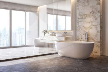 Fototapeta na wymiar Modern style luxury white bathroom with marble stone 3d render illustration large window with city view sunlight shine into the room