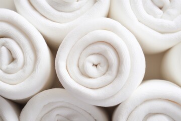 White rolled towels, top view - obrazy, fototapety, plakaty