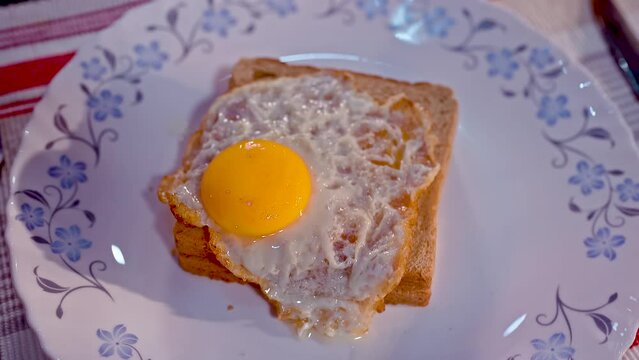 egg yolk with toasted bread. Fast food. Cooking lunch, dinner, breakfast. Natural product. Cooked omelet.