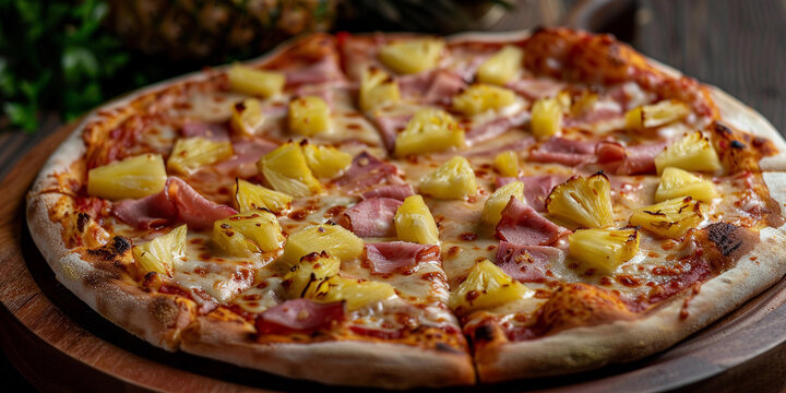 Close-up at baked Hawaiian pizza surface which is topping with ham, beacon and pineapple ingredients. Food and object photo, selective focus.