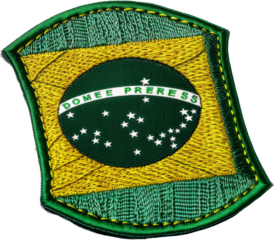 Brazilian military patch with green and yellow design cut out on transparent background